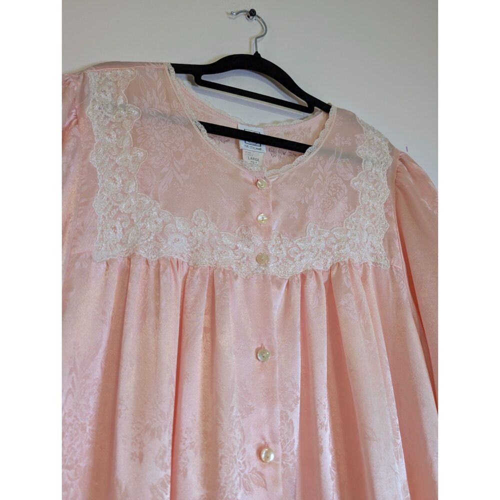 Vintage Eve Stillman Nightgown L Pink Floral Lace Trim Long Sleeve Maxi Gown - Picture 8 of 10
